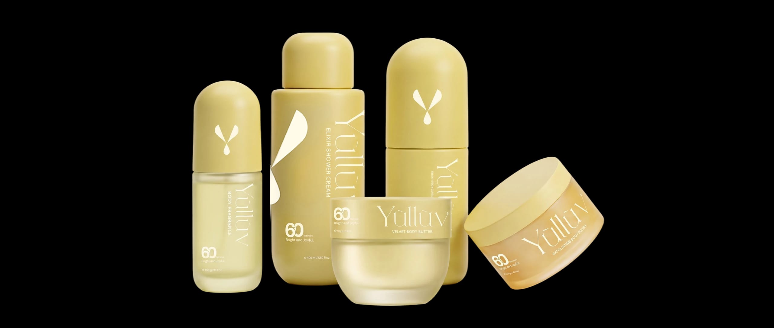 Yulluv Bright & Joyful body care bundle: body fragrance, shower cream, body lotion, body butter and body polish