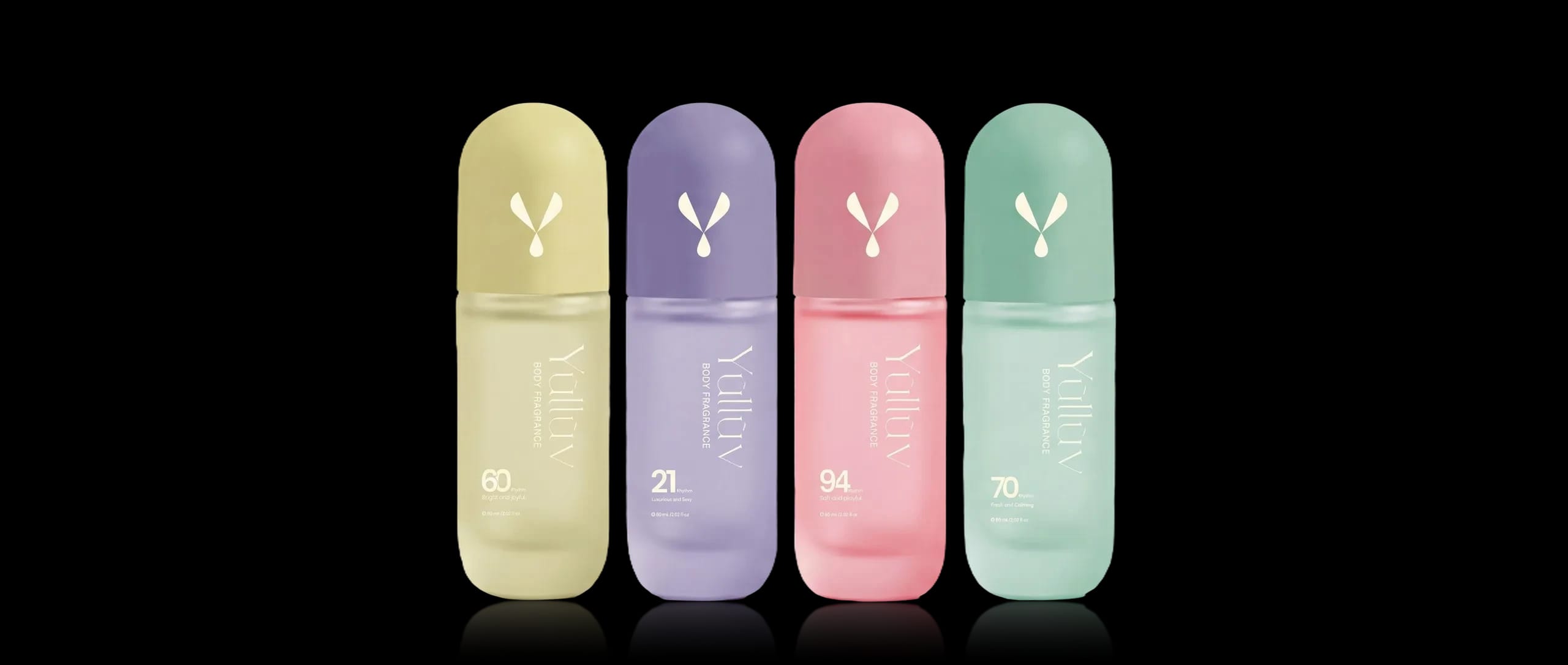 Yulluv body fragrances in the four rhythms: 60, 21, 94 and 70