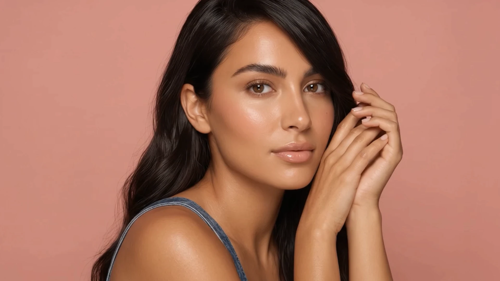 Yulluv model with radiant skin, her hands at her face, showing Velvet Body Butter, Milky Hydrating Body Lotion, Body Fragrance and Exfoliating Body Polish
